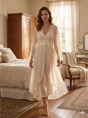 Valerie Stevens Cream Sheer Lace-Trim Wrap Robe Size L